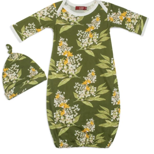 Green Floral Bamboo Newborn Gown & Hat Set - General